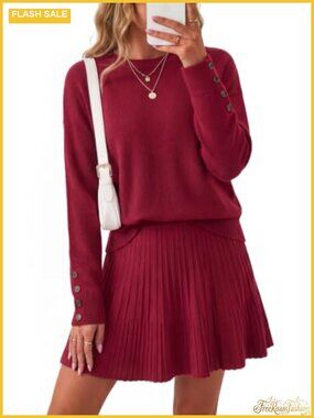 Wool Blend 2 Piece Sweater Skirt Set Long Sleeve Pleated Mini Fall Outfit